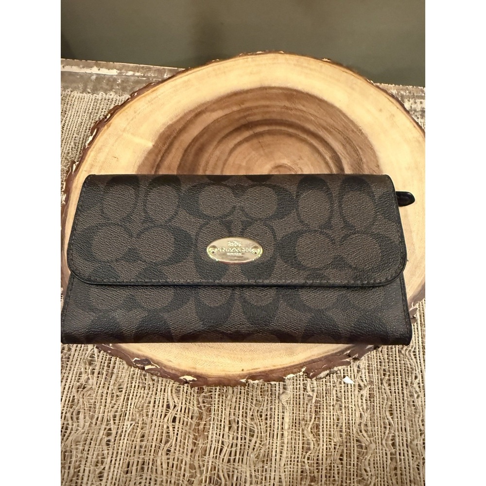VINTAGE Coach Peyton Signature Logo Brown Envelope Tri-fold Checkbook Wallet